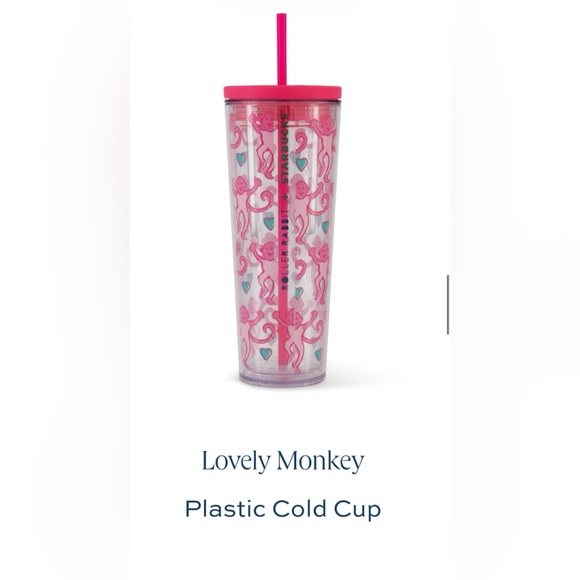 Starbucks Pink and Teal Monkey Tumbler. starbucks x roller rabbit